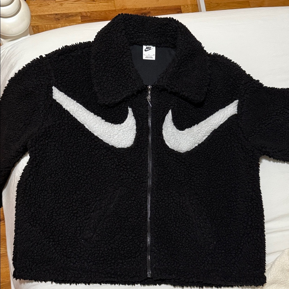 Nike Women's Black Teddy Jacket with White Swoosh